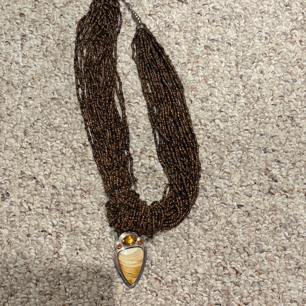 Brown Beaded Necklace with Stone Pendant/pin